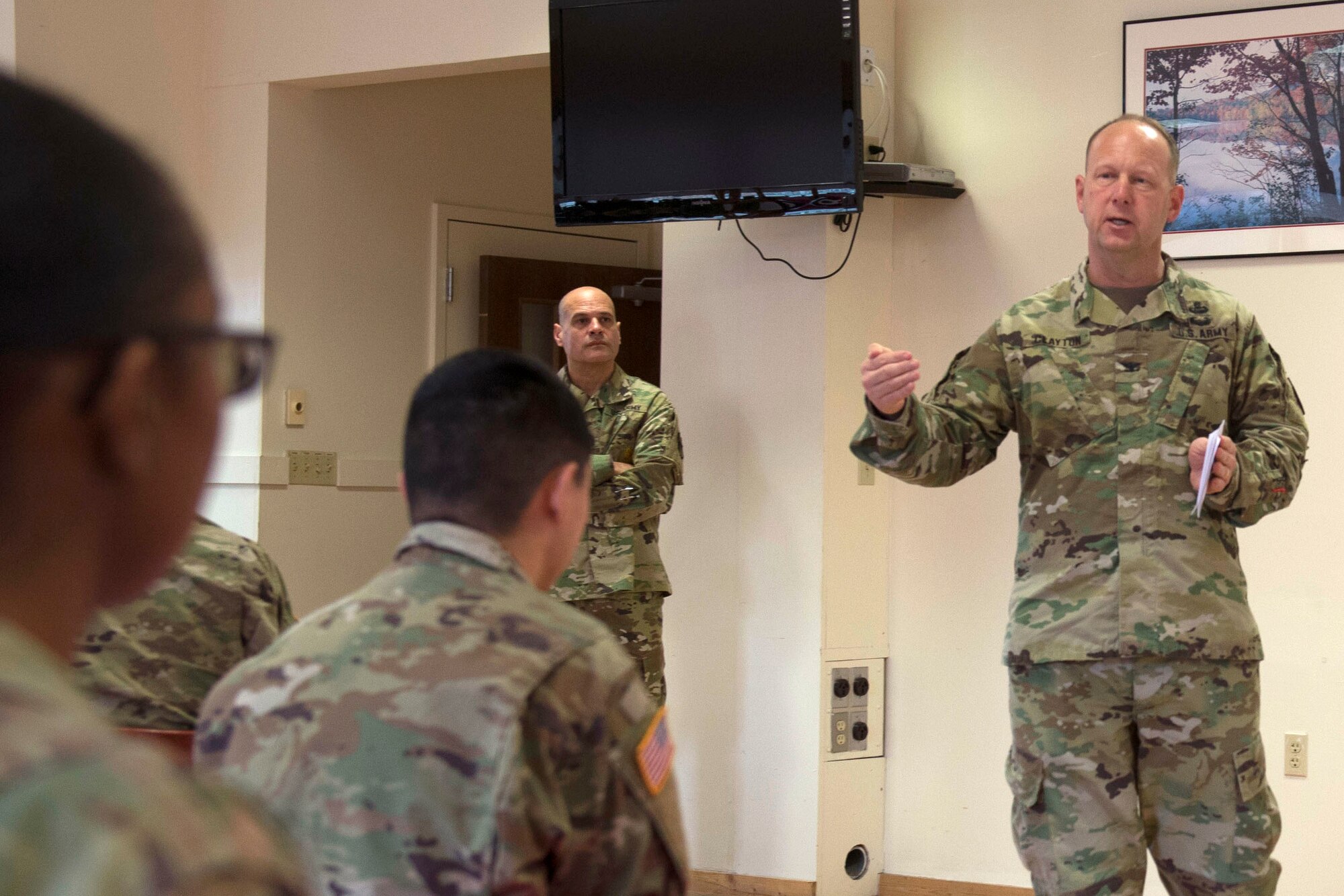U.S. Army Col. Ralph L. Clayton III, 733rd Mission Support Group commander, addresses Soldiers during a discussion about managing finances at Fort Eustis' Lakeside Sports Bar at Joint Base Langley-Eustis, Virginia, Feb. 23, 2018. Army Community Service hosted the ceremony to kickoff Military Saves Week, scheduled to begin Feb. 26, 2018. (U.S. Air Force photo by Airman 1st Class Monica Roybal)