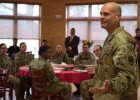 U.S. Army Command Sgt. Maj. Eric J. Vidal, 733rd Mission Support Group command sergeant major, talks to Soldiers about saving money and investing in their future at Fort Eustis' Lakeside Sports Bar at Joint Base Langley-Eustis, Virginia, Feb. 23, 2018. Vidal gave money management tips to the Soldiers who recently arrived on post for their first duty station. (U.S. Air Force photo by Airman 1st Class Monica Roybal)