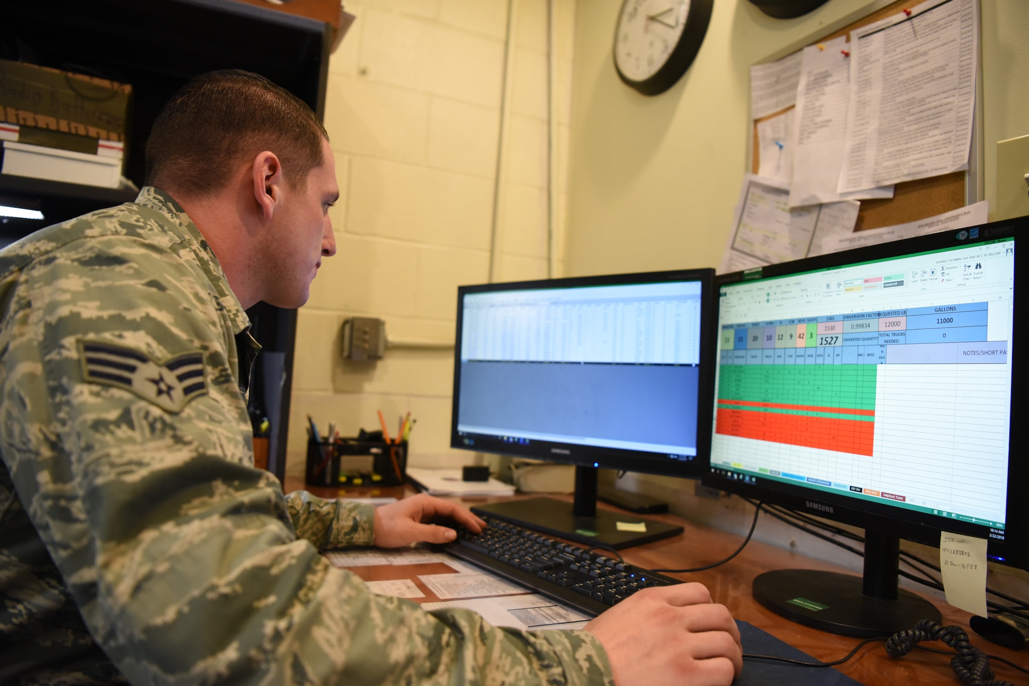 .S. Air Force Senior Airman Coleman Kepner, 20th Logistics Readiness Squadron fuels controller, logs R-11 refueling trucks which fuel F-16CM Fighting Falcons at Shaw Air Force Base, S.C., Feb. 22, 2018.