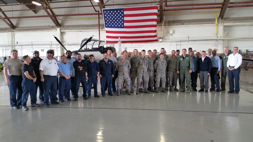U.S. Air Force Maj. Gen. Patrick Doherty, 19th Air Force commander, and Air Education and Training Command pilots, maintainers and flight surgeons, plus NASA personnel gather for a photograph during the command’s collection and analysis of operational flight test data at Joint Base San Antonio-Randolph.  The T-6 operational pause which began Feb. 1 was lifted Feb. 27.  Following the incidents, a team including experts from the Air Force, Navy, NASA, and medical specialties, came together to aggressively capture and analyze data from the pilots who had experienced physiological events and the aircraft. Collaboration with Navy officials allowed 19th Air Force officials to gain insights and lessons learned from similar events in the T-45 Goshawk. (Courtesy Photo)