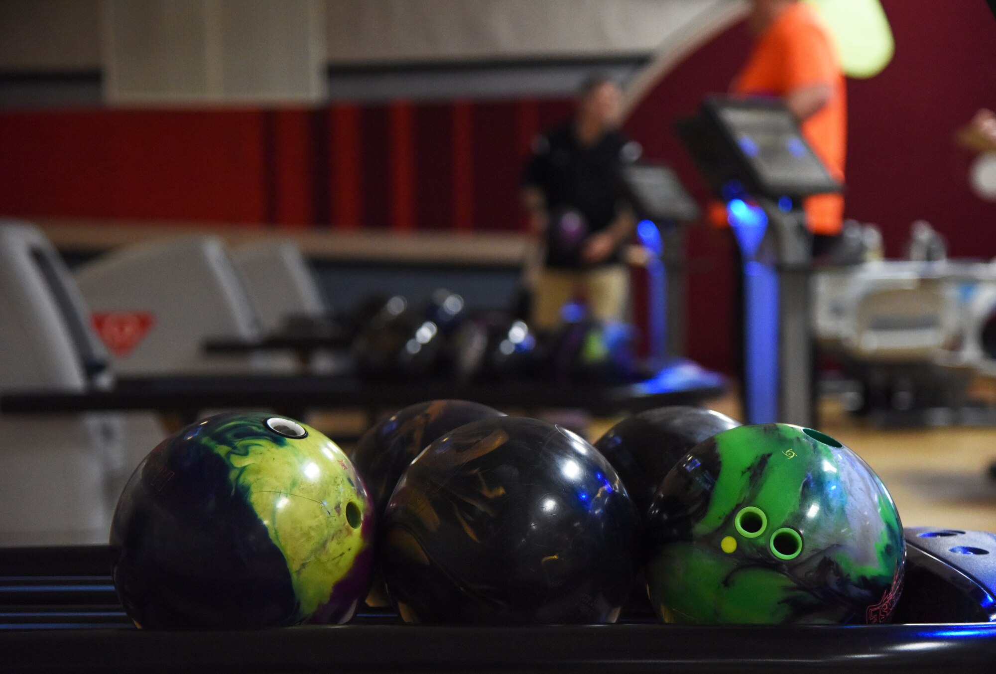 Bowling balls are on display for amateur bowlers during the U.S. Open Bowling Direct Qualifying Tournament at Gaudé Lanes Feb. 24, on Keesler Air Force Base, Mississippi. Keesler was selected by the U.S. Bowling Congress and the Bowling Proprietors’ Association of America as one of 10 direct qualifier host sites across the country for the 2018 U.S. Open. (U.S. Air Force photo by Kemberly Groue)