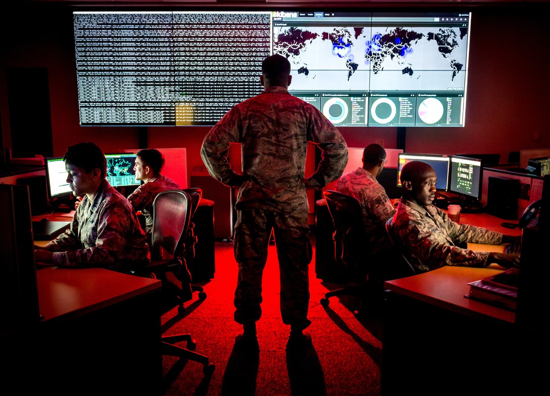 Cyberwarfare specialists serving with the 175th Cyberspace Operations Group of the Maryland Air National Guard engage in weekend training at Warfield Air National Guard Base, Middle River, Md.