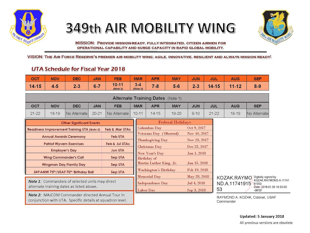 349th Air Mobility Wing FY18 UTA Schedule
