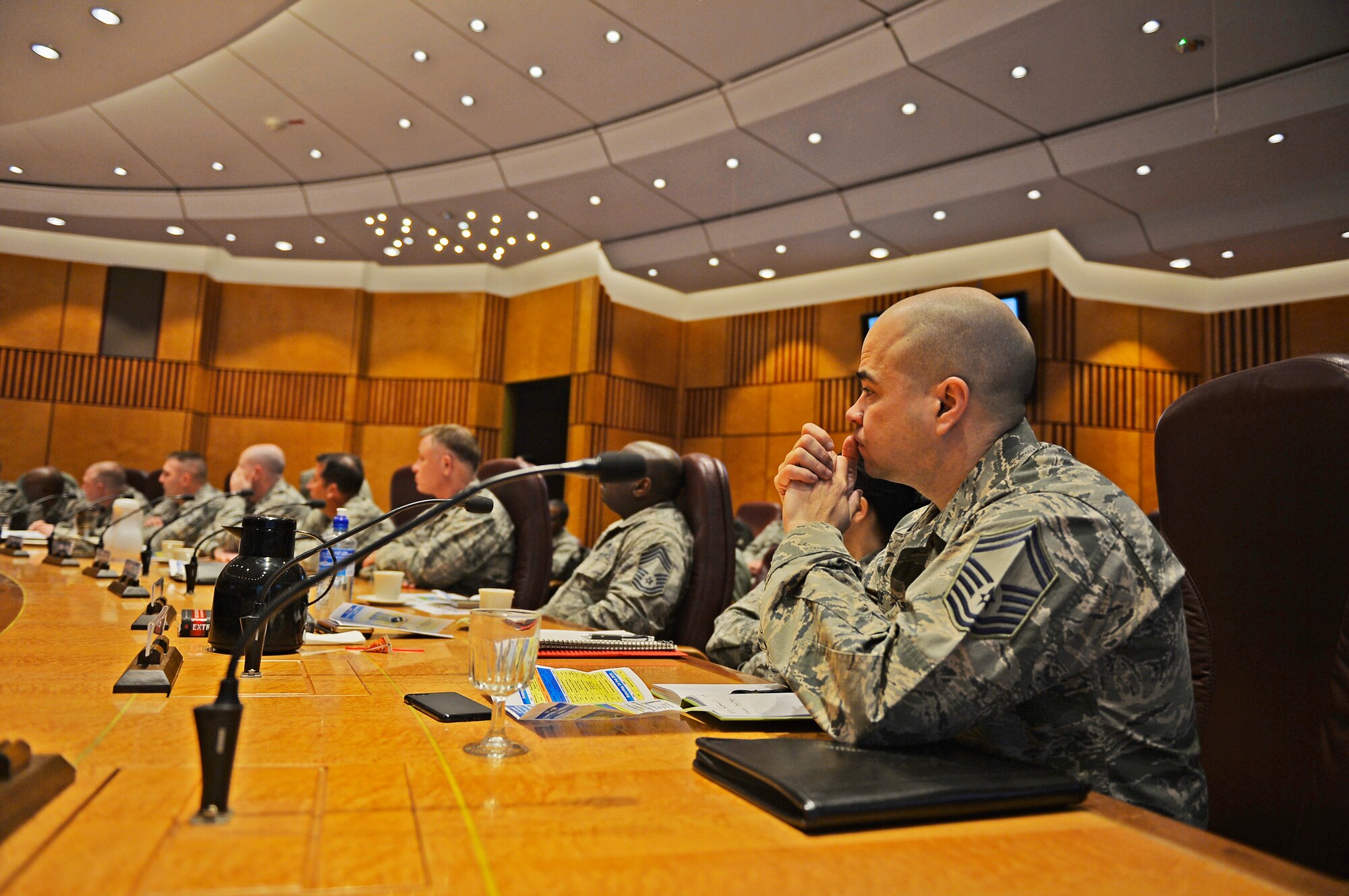 Officials assigned to the 521st Air Mobility Operations Wing participate in a commander’s conference, Feb. 21, 2018, Ramstein Air Base, Germany. Attendees came not only from Ramstein, but from many other installations in countries including Kuwait, Qatar, Turkey and Spain. (U.S. Air Force photo by Senior Airman Joshua Magbanua)