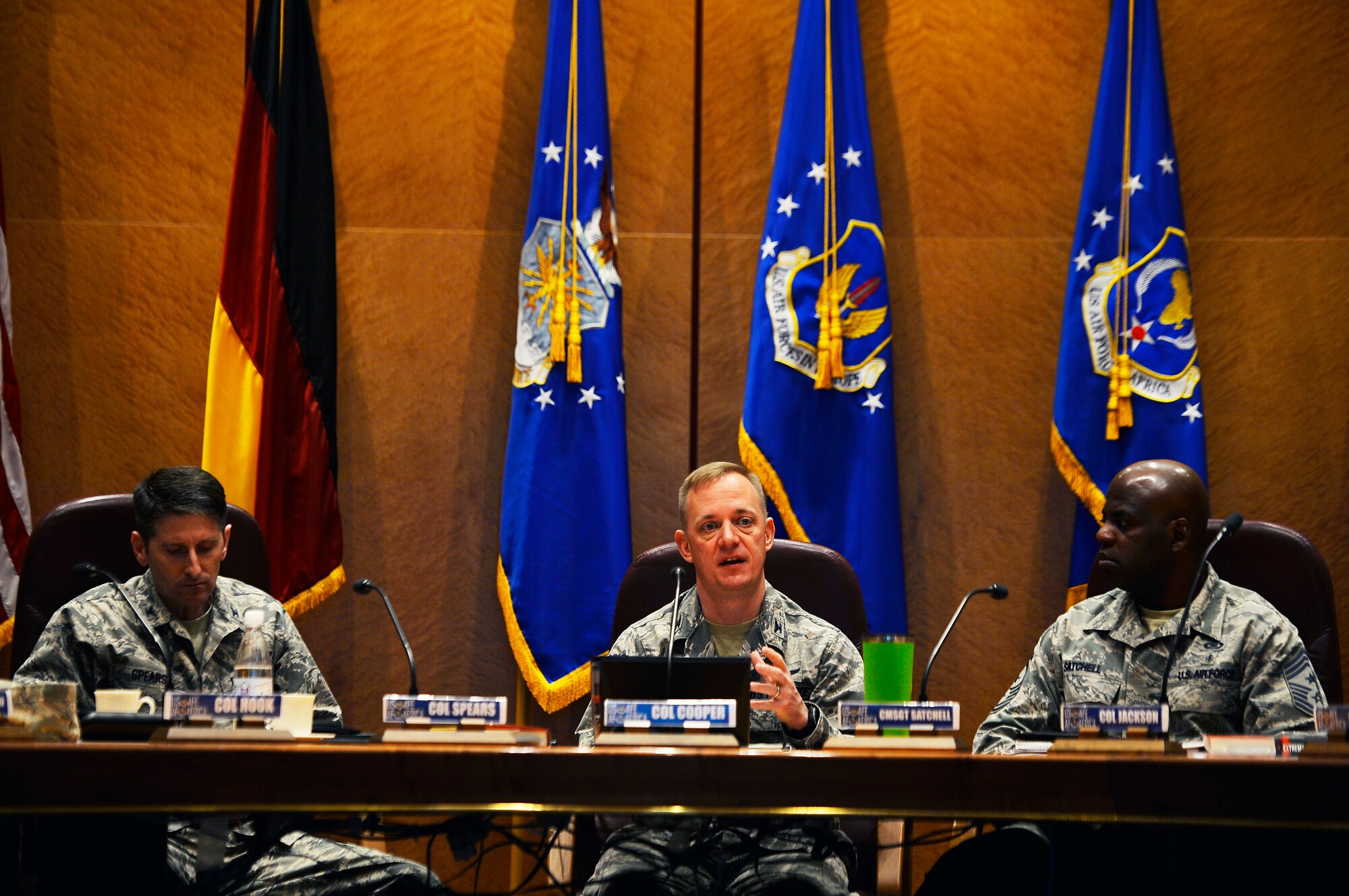 U.S. Air Force Col. Thomas Cooper, 521st Air Mobility Operations Wing commander, addresses 521st Air Mobility Operations Wing leadership during a conference on Ramstein Air base, Germany, Feb. 21, 2018. Group and squadron commanders, superintendents and first sergeants came from various installations across Europe and Southwest Asia to discuss topics such as mission readiness, unit effectiveness, and Airmen morale and readiness. (U.S. Air Force photo by Senior Airman Joshua Magbanua)