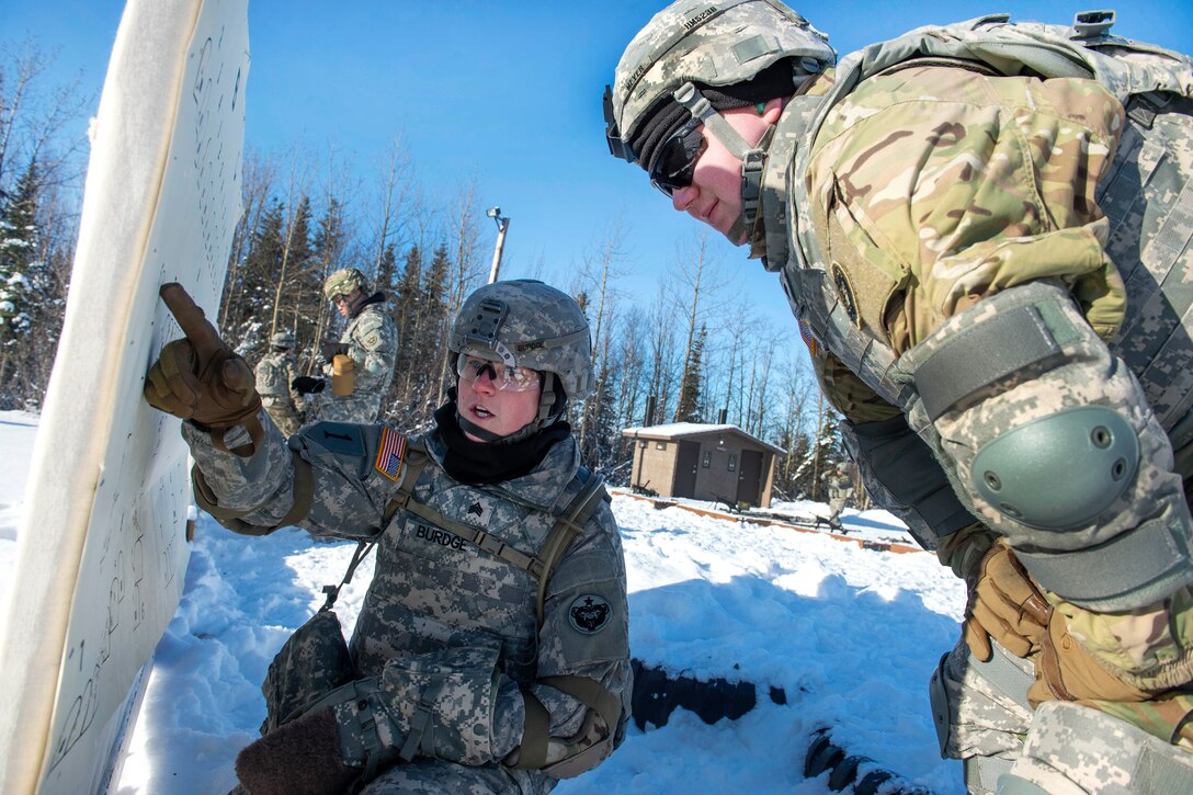 Two soldiers examine a shot grouping on a target during light machine gun training.