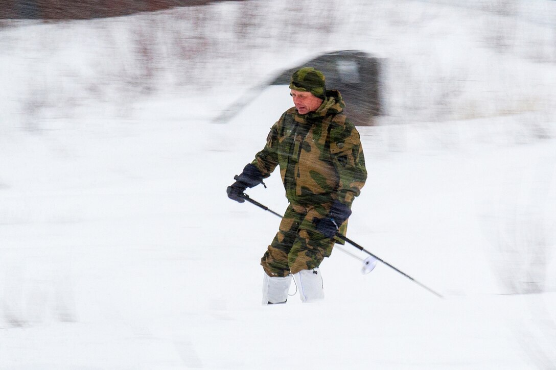 A Norwegian soldier skies while participating in the Cold Regions Military Collaborative Training Event.