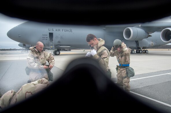 A view from inside an M50 gas mask during the 2018 Vengeant Eagle Exercise Feb. 22, 2018, at Dover Air Force Base, Del. The mask is an improvement over the previous M40 model and allows better visibility. (U.S. Air Force photo by Mauricio Campino)