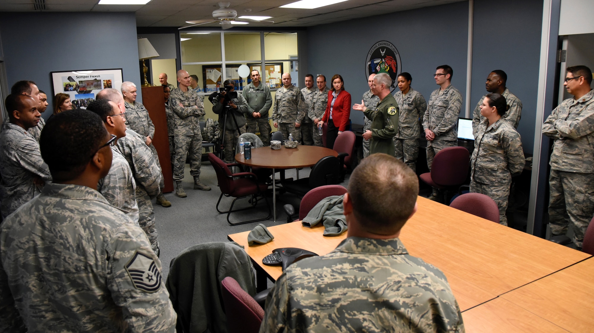 Colonel Paul Johnson, vice wing commander of the 175th Wing, addresses the tour group February 10, 2018, during a base tour for the Director of the Air National Guard and Command Chief Master Sergeant of the Air Force at Warfield Air National Guard Base, Middle River, Md.