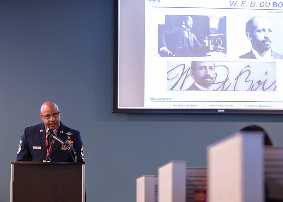 Chief Master Sgt. Rod Lindsey, 460th Space Wing command chief, speaks to FBI agents at the Denver FBI Field Office in honor of Black History Month, Feb. 12, 2018. Lindsey shared experiences of his military career as a black man in the Air Force as well as the impact and value black Americans have had on U.S. culture. (Photo courtesy of the Denver FBI Field Office)
