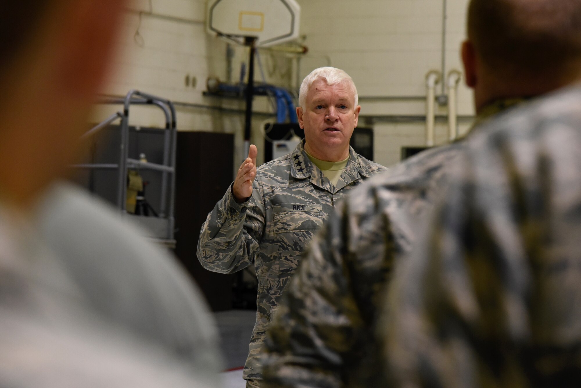 Lt. Gen. L. Scott Rice, the Director of the Air National Guard speaks to 175th Wing airmen February 10, 2018 while touring Warfield Air National Guard Base, Middle River, Md.