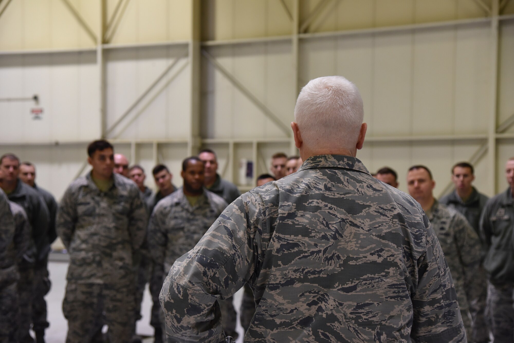 Lt. Gen. L. Scott Rice, the Director of the Air National Guard speaks to 175th Wing airmen February 10, 2018 while touring Warfield Air National Guard Base, Middle River, Md.