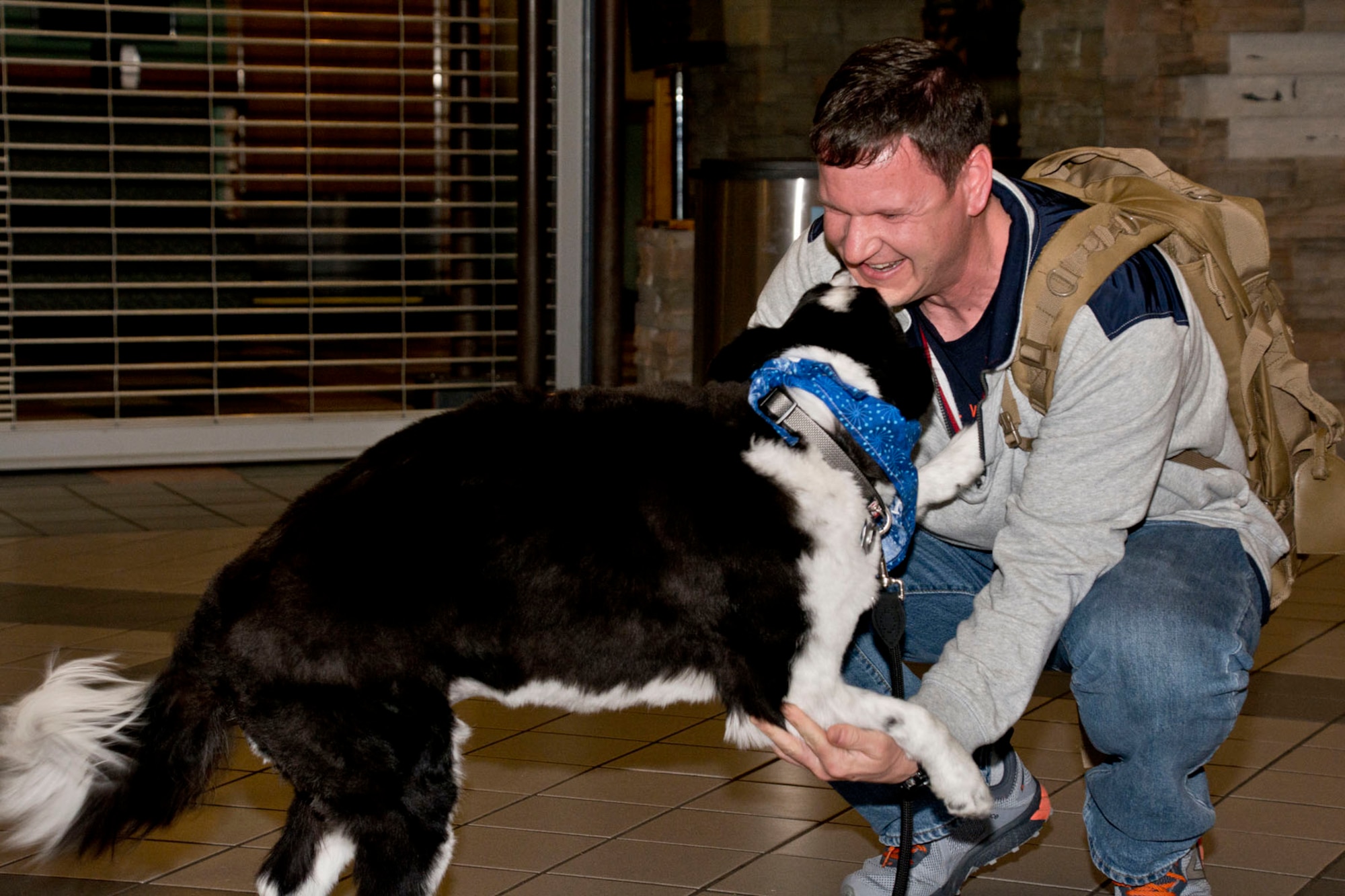 U.S. Air Force Reserve Maj. Jason Furcron is greeted by his Border Collie, Ace, at the Bill and Hillary Clinton National airport in Little Rock, Ark., Feb. 25, 2018.
