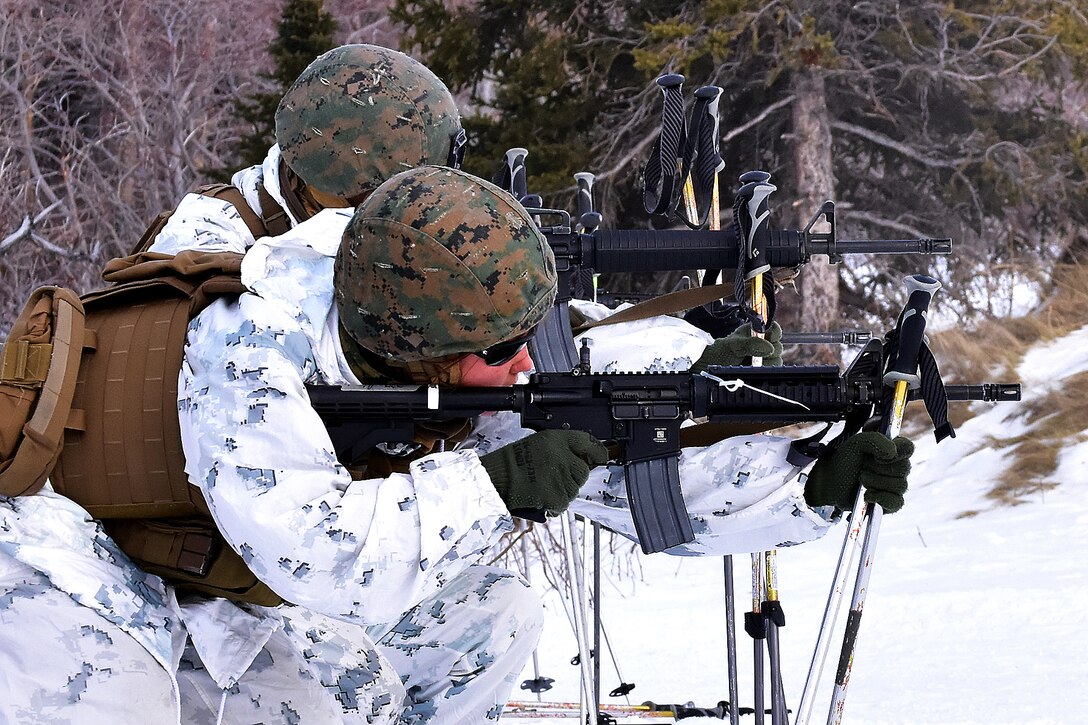 Marines use their ski poles to steady their aim engaging targets