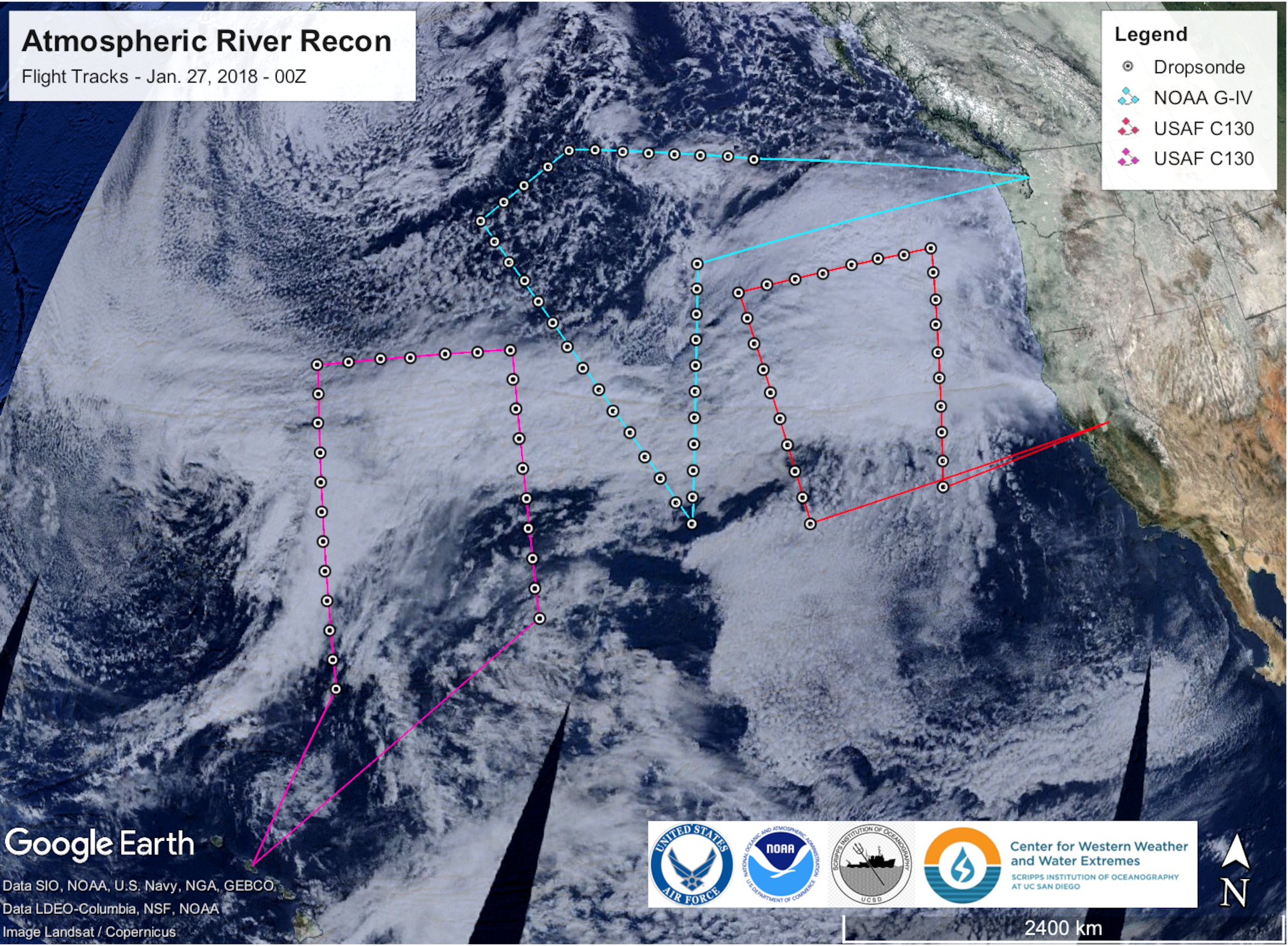 This graphic depicts the different flight tracks of WC-130J Super Hercules and Gulfstream IV-SP aircraft during atmospheric river reconnaissance missions over the Pacific Ocean Jan. 27, 2018. (Courtesy graphic)