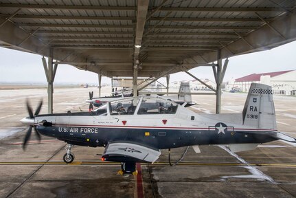 U.S. Air Force Maj. Gen. Patrick Doherty, 19th Air Force commander, and Maj. Lincoln Olsen, T-6 instructor pilot, conduct a T-6 Texan II safety check before conducting an operational demonstration at Joint Base San Antonio-Randolph, Texas, Feb. 21, 2018. Doherty was on the flightline getting test data first-hand during the command-wide T-6 operational pause.