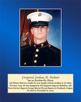 Age 24, Blandinsville, Illinois

Cpl. Palmer died as a result of a non-hostile vehicle incident in Al Anbar Province, Iraq. He was assigned to 6th Engineer Support Battalion, 4th Force Service Support Group, Marine Force Reserve in Portland, Oregon. He died on November 8, 2004.