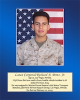 Age 19, Las Vegas, Nevada

Lance Cpl. Perez died as a result of non-hostile vehicle incident in Al Anbar Province, Iraq. He was assigned to Marine Forces Reserve’s 6th Motor Transport Battalion, 4th Force Service Support Group, Las Vegas, Nevada. He died on February 10, 2005.