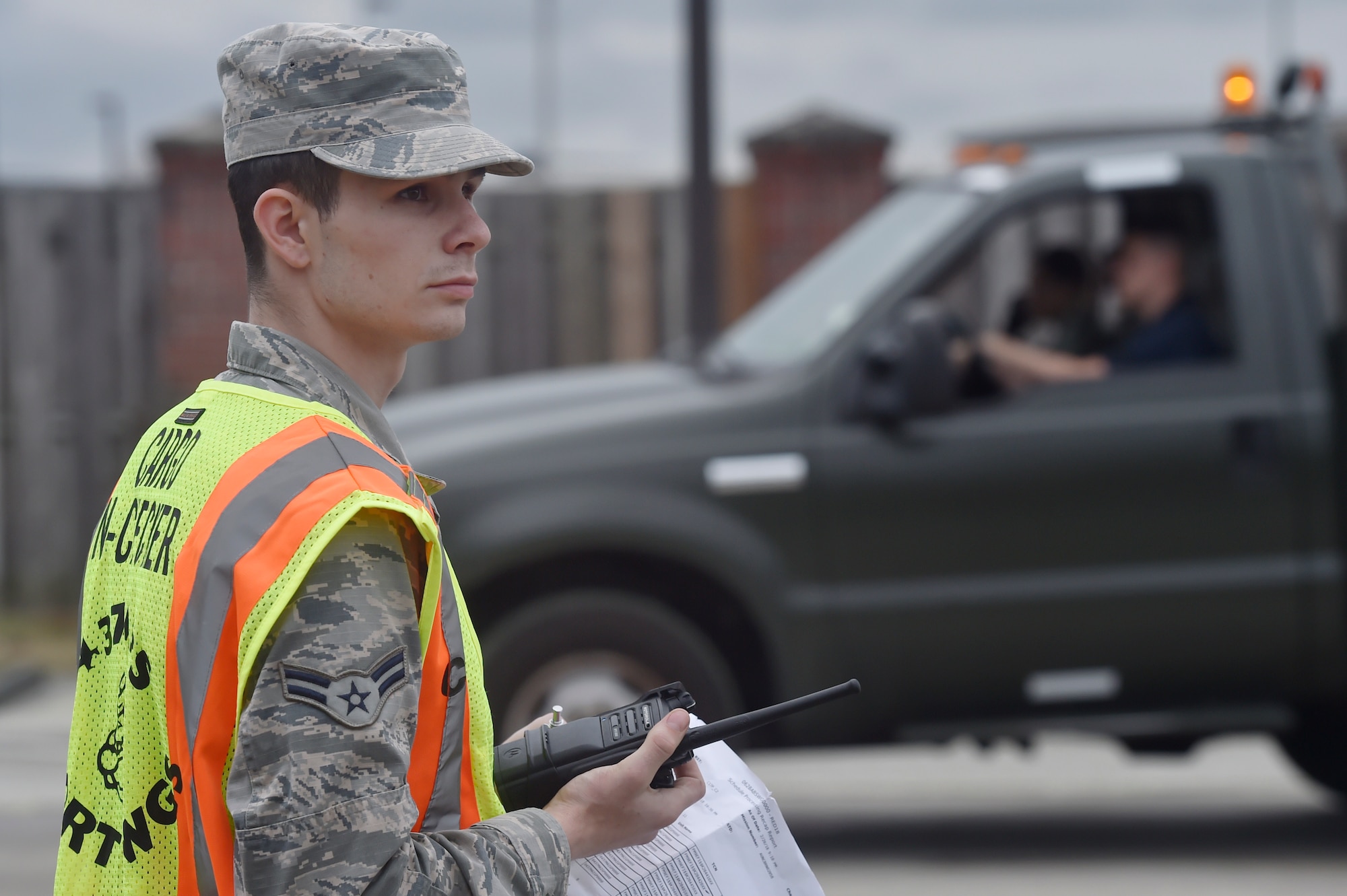 Airman 1st Class Tyler Connolly, 437th Aerial Port Squadron traffic management operations technician, checks equipment during a simulated cargo inspection at a cargo deployment function as part of mobility exercise Bold Eagle Feb. 26, at Joint Base Charleston, S.C.
