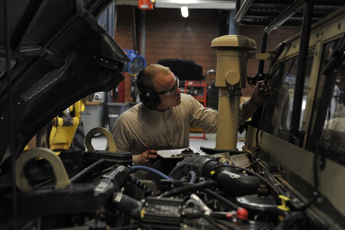 Senior Airman Braxton Willoughby, 628th Logistics Readiness Squadron vehicle maintenance journeyman, completes a vehicle check as part of mobility exercise Bold Eagle Feb. 26, 2018, at Joint Base Charleston, S.C.