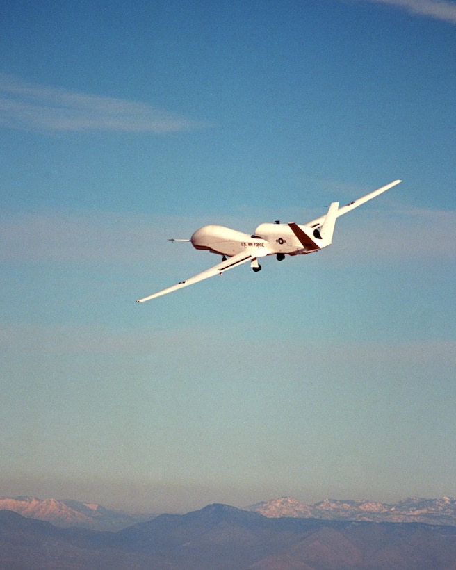 The first Global Hawk aircraft, named Air Vehicle 1, or AV-1,  taxies itself at Edwards Air Force Base Feb. 28, 1998. (Courtesy photo by Northrop Grumman)