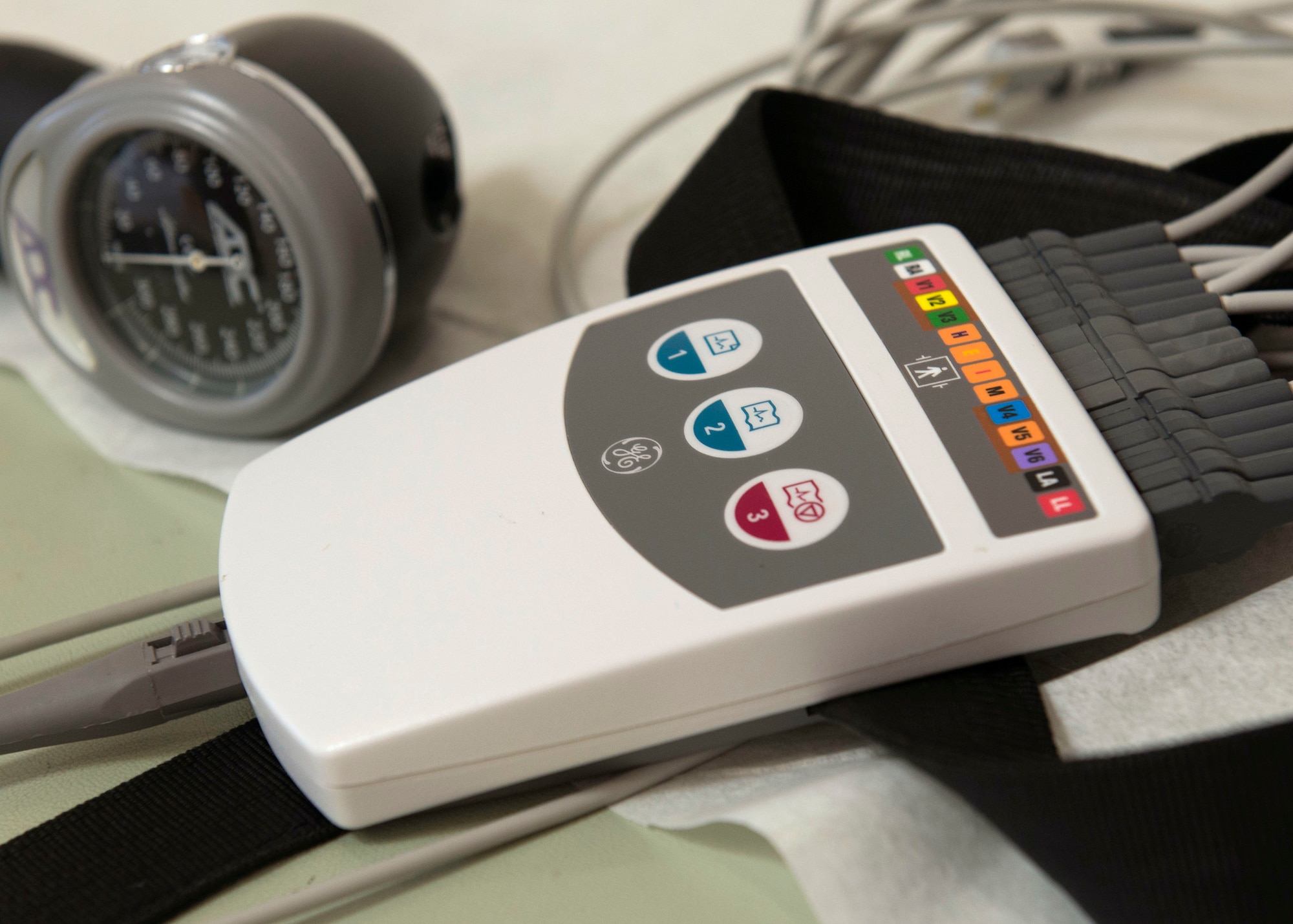 Cardiopulmonary laboratory technicians routinely use a module equipped with electrocardiogram leads and a sphygmomanometer to evaluate patients' heart health at Joint Base Langley-Eustis, Virginia, Feb. 26, 2018. The results of the electrocardiogram are used to diagnose various heart conditions. (U.S. Air Force photo by Airman 1st Class Monica Roybal)