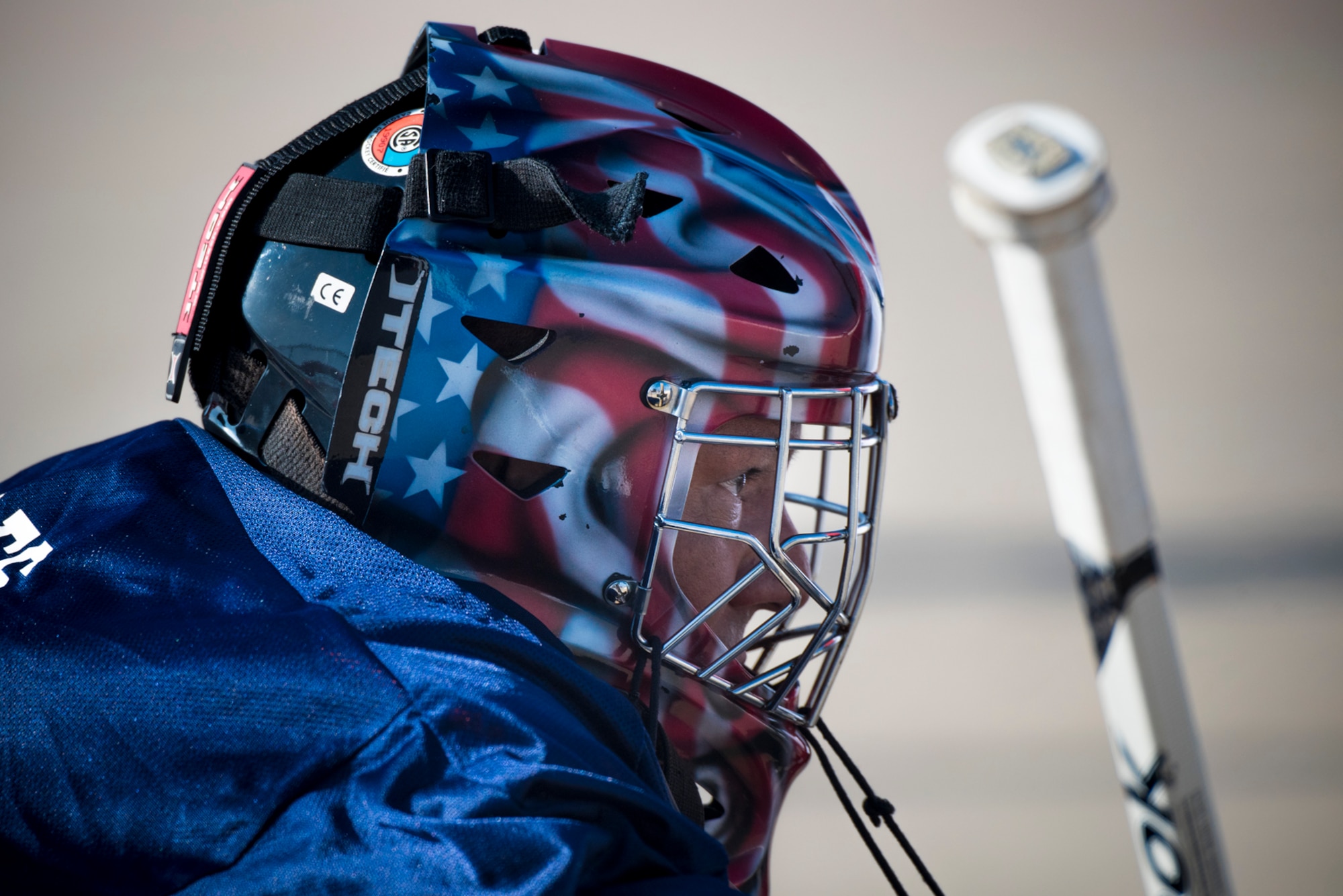 PETERSON AIR FORCE BASE, Colo. – Lt. Col. Miguel Rosales, 21st Plans and Programs commander, guards the net as the goalkeeper for the American team during the annual USA vs. Canada Ball Hockey Game at Peterson Air Force Base, Colo., Feb. 23, 2018. The Americans defeated the Canadians 3-2. (U.S. Air Force photo by Senior Airman Dennis Hoffman)