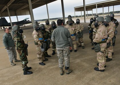 U.S. Air Force Airmen receive feedback from an exercise inspector at Joint Base Langley-Eustis, Virginia, Feb. 26, 2018.