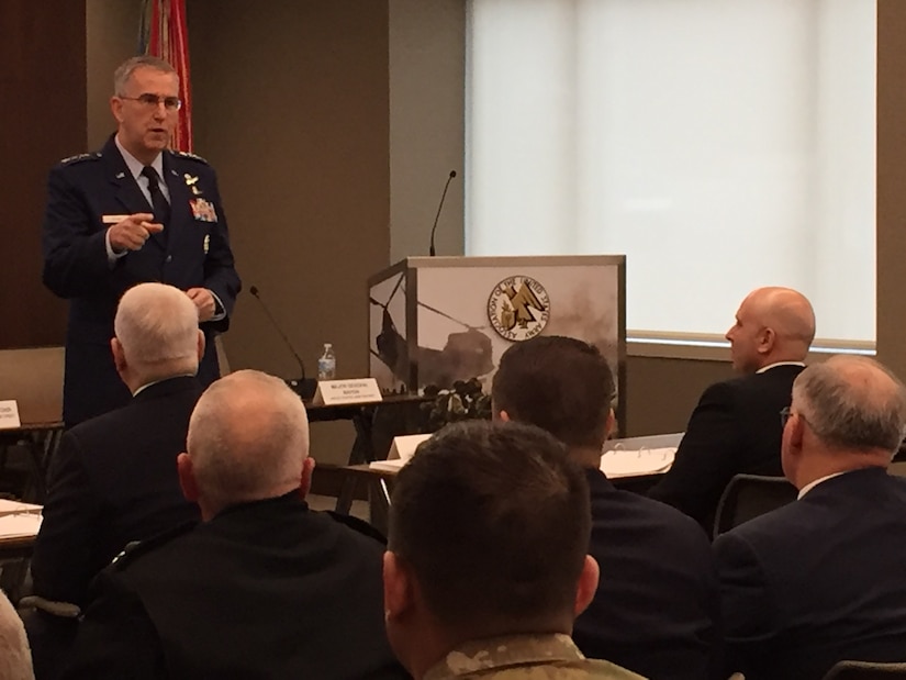 An Air Force general addresses an audience in Arlington, Va.