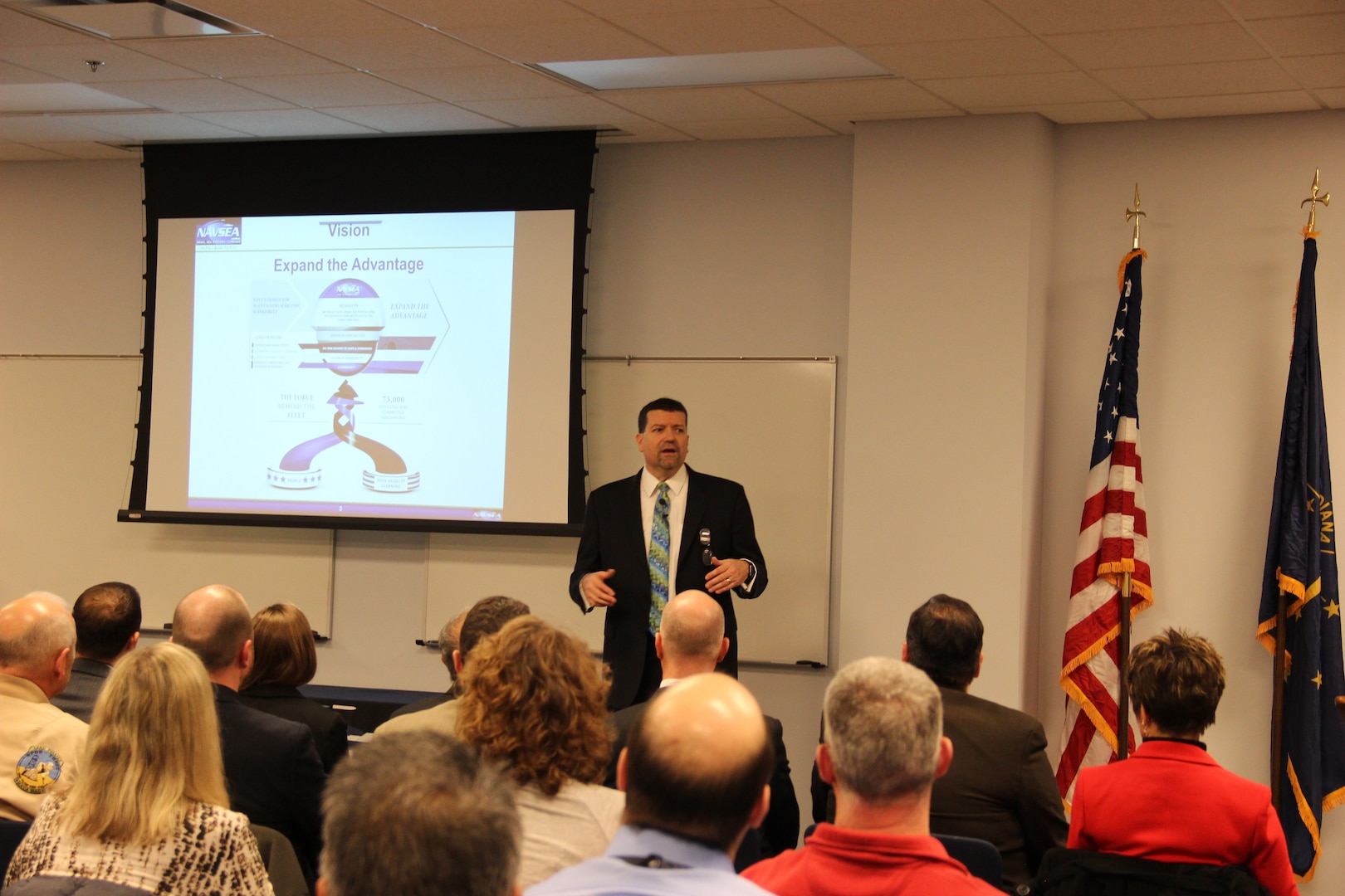 CRANE, Ind. – Mr. Jim Smerchansky, SES, Executive Director at Naval Sea Systems Command speaks to Crane employees during an all-hands meeting on NAVSEA's Campaign Plan to Expand the Advantage.