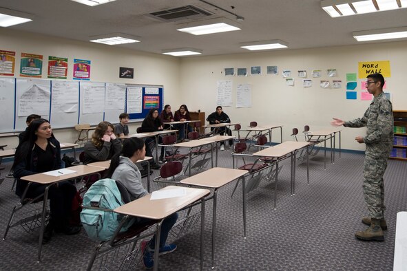 Senior Airman Wayne Lufkins, 27th Special Operations Force Support Squadron services member, speaks to a class about his career in Clovis, New Mexico, Feb. 27, 2018. Air Commandos from Cannon Air Force Base, New Mexico, volunteered to speak with students at Yucca Middle School's Career Day to speak about their jobs personal military experiences.