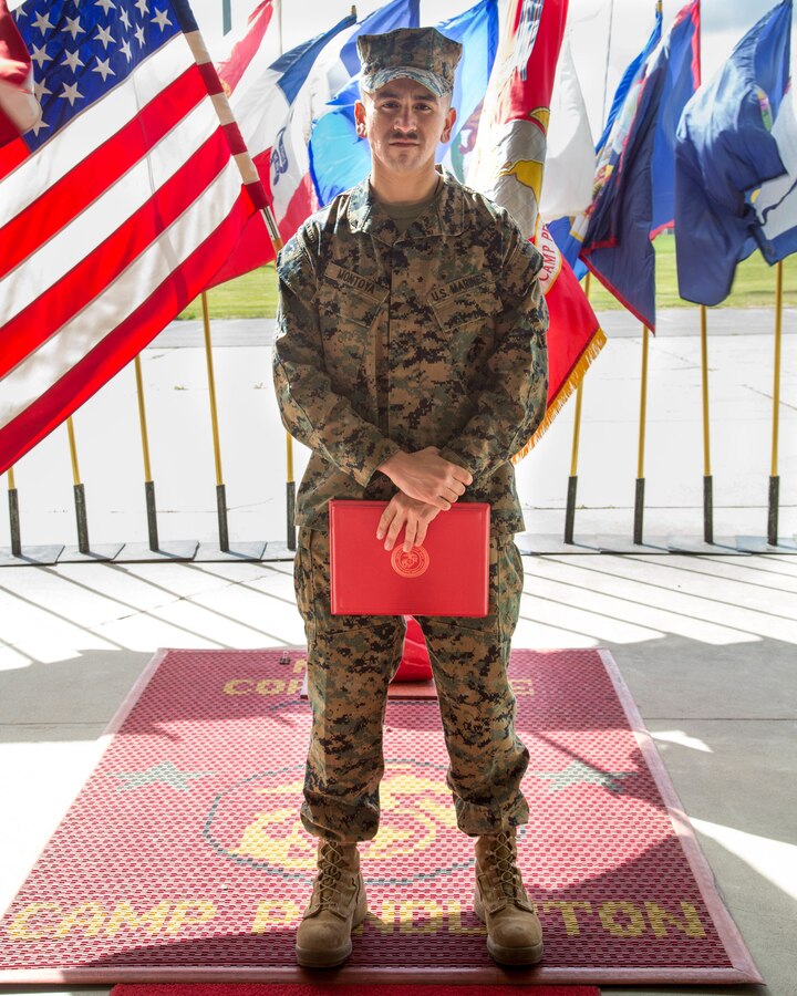U.S. Marine Corps Lance Cpl. Kyle Montoya, with Marine Corps Tactical System Support Activity, was recognized as an Installation Marine of the Quarter by Brig. Gen. Kevin J. Killea, Commanding General, Marine Corps Installations-West, Marine Corps Base Camp Pendleton, Feb. 22, 2018. The designation was established to provide acknowledgement  to enlisted Marines who have demonstrated exceptional performance both on and off duty.   (U.S. Marine Corps photos by Lance Cpl Megan Roses)