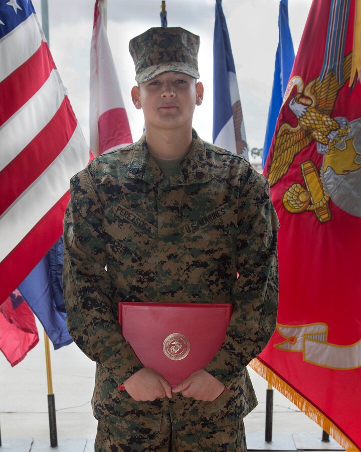 U.S. Marine Corps Sgt. David Perezsosa, with Security and Emergency Services Bn., was recognized as an Installation Noncommissioned Officer of the Quarter  by Brig.Gen. Kevin J. Killea, Commanding General, Marine Corps Installations-West, Marine Corps Base Camp Pendleton, Feb. 22, 2018. The designation was established to provide acknowledgement  to enlisted Marines who have demonstrated exceptional performance both on and off duty.   (U.S. Marine Corps photos by Lance Cpl Megan Roses)
