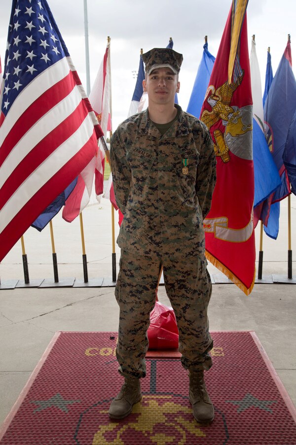 U.S. Marine Corps Cpl. Anthony Zawalski, with Headquarters and Headquarters Squadron, Marine Corps Air Station Yuma, was recognized as a Noncommissioned Officer of the Quarter and received a Navy and Marine Corps Achievement Medal from Brig.Gen. Kevin J. Killea, Commanding General, Marine Corps Installations-West, Marine Corps Base Camp Pendleton, Feb. 22, 2018. These recognitions were established to provide acknowledgement to enlisted Marines who have demonstrated exceptional performance both on and off duty.   (U.S. Marine Corps photos by Lance Cpl. Megan Roses)