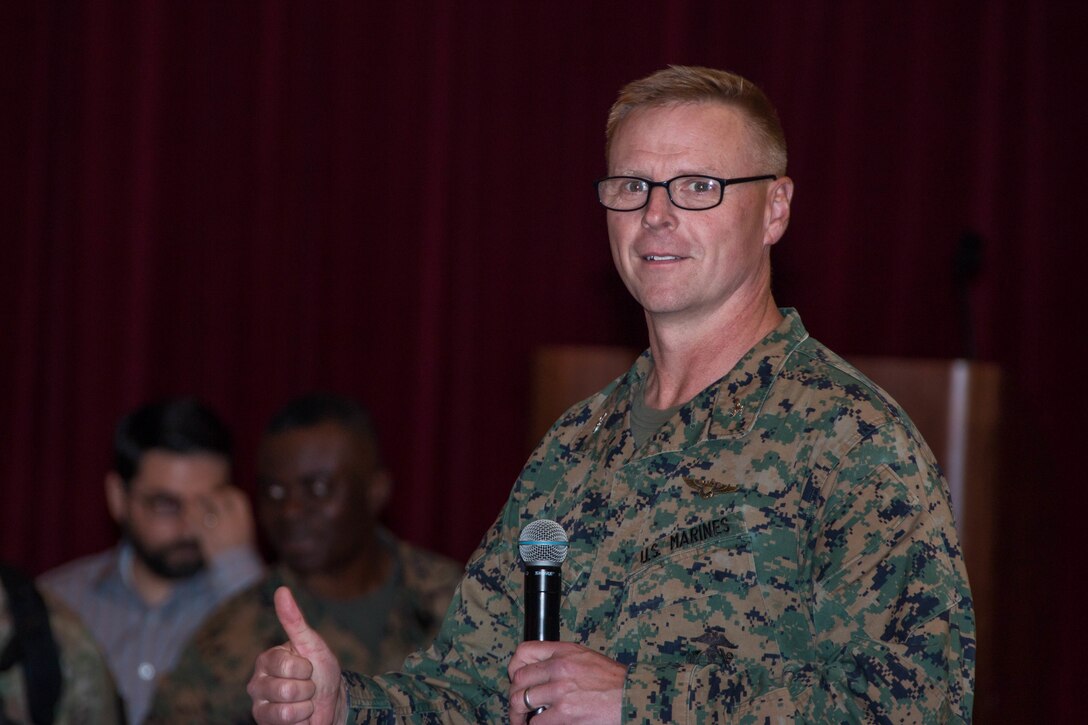 U.S. Marine Corps Col. Joseph D. Williams, Marine Corps Installation West chief of staff, speaks to the crowd during Operation Rapid Hire 2.0 at the Pacific Views Event Center on Camp Pendleton, Calif., Feb. 27, 2018. Operation Rapid Hire 2.0 is a hiring initiative sponsored by Marine Corps Installations West Civilian Human Resources Office and Marine Corps Community Services. For notifications about upcoming career events as well as registration information, visit www.mccscp.com/careerevents. (U.S. Marine Corps photo by Cpl. Andre Heath)
