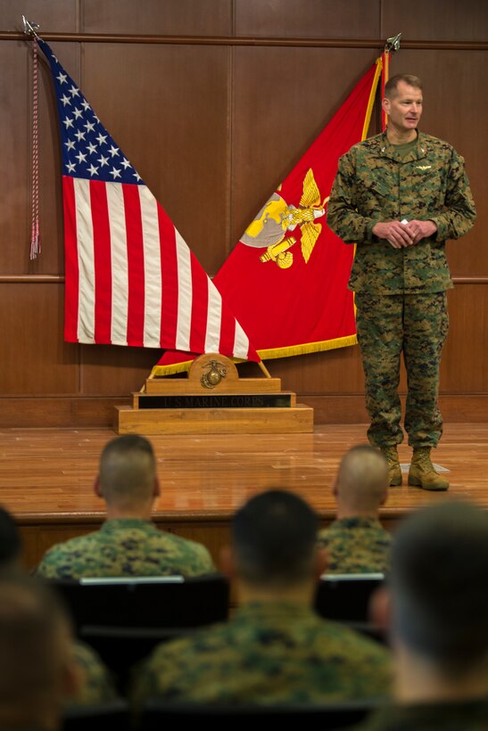 Col. Derrick R. Heyl, commanding officer of Headquarters Battalion, Marine Forces Reserve, speaks to guests during Sgt. Maj. Michael J. Rowan’s relief and appointment ceremony at Marine Corps Support Facility, New Orleans, Feb. 28, 2018.
