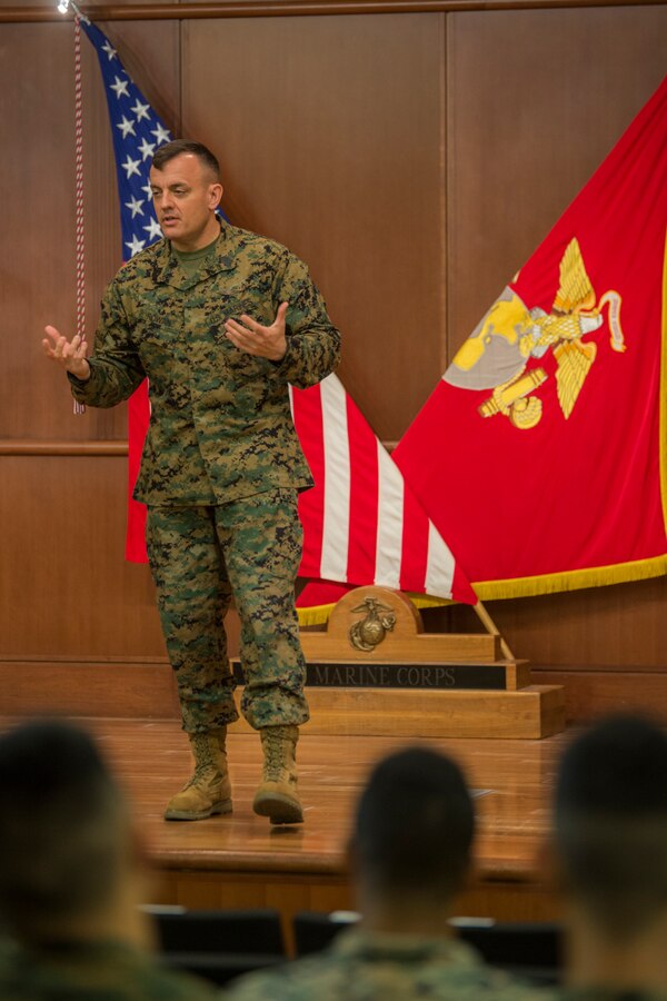 Sgt. Maj. Michael J. Rowan, sergeant major of Headquarters Battalion, Marine Forces Reserve, speaks to guest during his relief and appointment ceremony held at Marine Corps Support Facility, New Orleans, Feb. 28, 2018. Rowan expressed his gratitude towards his friends and members of his staff, for their continuous support during his years of service. (U.S. Marine Corps photo by Lance Cpl. Melany Vasquez/ Released)