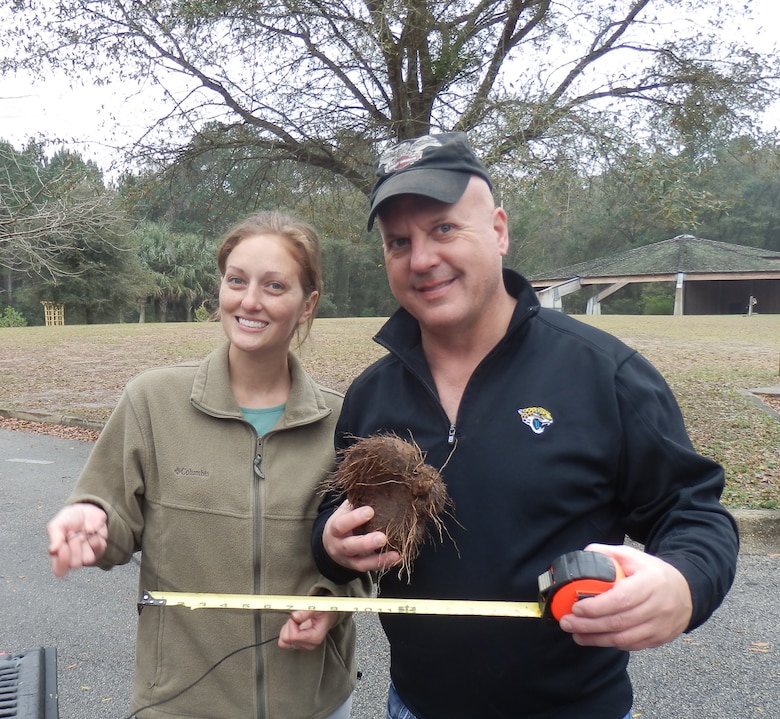 Steve Danner and Nichole Bishop measure a big air potato