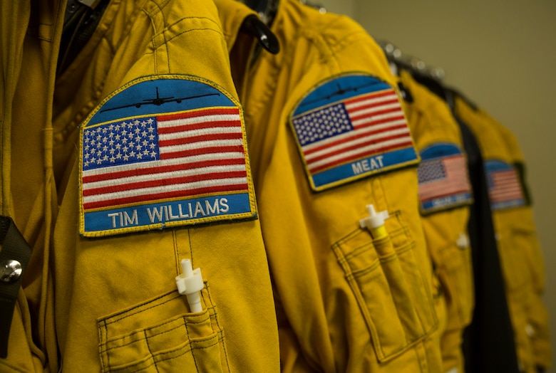 Pressure suits belonging to pilots participating in NASA’s HyspIRI preparatory campaign are hung at Marine Corps Air Station Kaneohe Bay, Feb. 2, 2018. The campaign’s goal is to gather environmental data from the Hawaiian Islands, such as coral reef health and volcanic activity, to ultimately pave the way for the deployment of a satellite sharing the same mission. (U.S. Marine Corps photo by Lance Cpl. Luke Kuennen)