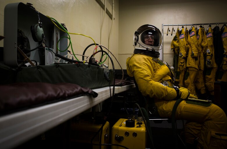Tim Williams, a research test pilot with NASA’s HyspIRI preparatory campaign, breathes 100 percent oxygen to prepare for an ER-2 aircraft flight, Marine Corps Air Station Kaneohe Bay, Feb. 2, 2018. The campaign’s goal is to gather environmental data from the Hawaiian Islands, such as coral reef health and volcanic activity, to ultimate pave the way for the deployment of a satellite sharing the same mission. (U.S. Marine Corps photo by Lance Cpl. Luke Kuennen)