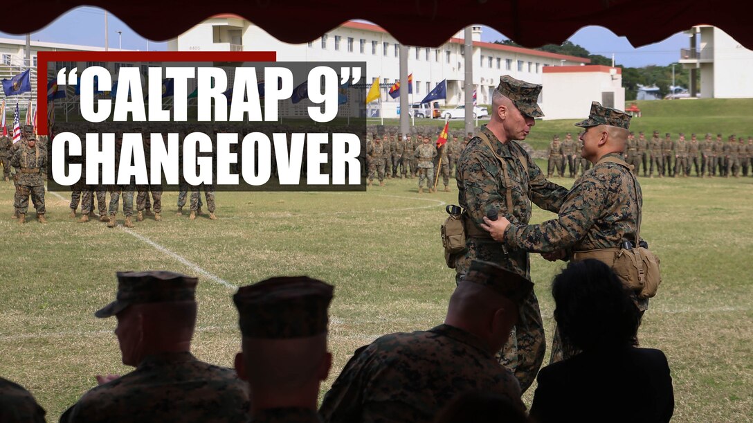 Sgt. Maj. Vincent Santiago congratulates Sgt. Maj. Dennis Bradley at a relief and appointment ceremony Feb. 27, 2018, on Camp Courtney, Okinawa, Japan. Santiago served as the sergeant major of the CALTRAP Nation since June of 2015 and will now move on to become the very first Command Senior Enlisted Advisor for the Defense Security Cooperation Agency in Virginia. (U.S. Marine Corps graphic by Cpl. Carl King)