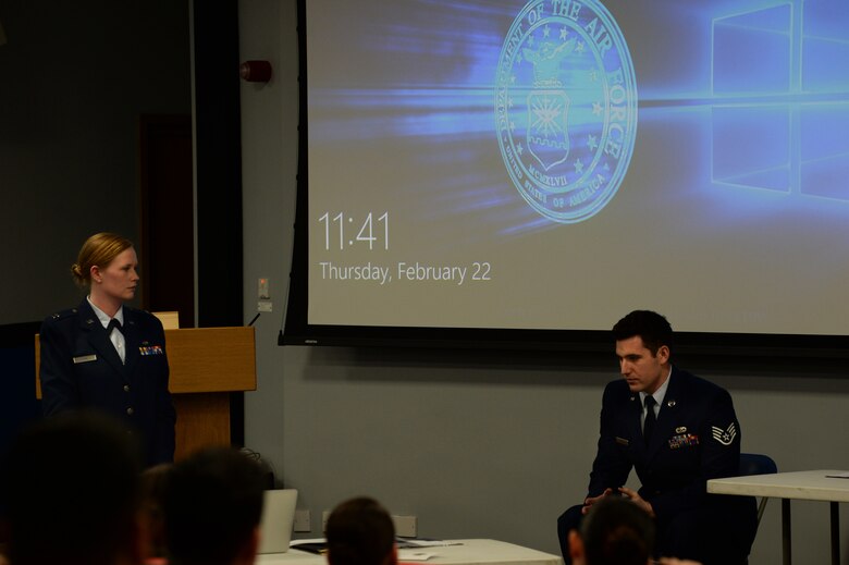 (courtesy photo) Capt. Kristin A. Carl, the special victims’ counsel for the 501st Combat Support Wing, assigned to the Air Force Legal Operations Agency, questions an Airman playing the role of the victim during a sexual assault mock trial at the Strike Eagle Complex at Royal Air Force Lakenheath, England, Feb. 22, 2018. The mock trial was the first of its kind in the community and had the support of the offices of the Special Victims’ Counsel, Staff Judge Advocate, Area Defense Counsel, and Sexual Assault Prevention and Response.  (U.S. Air Force photo/Airman 1st Class Shanice Williams-Jones)