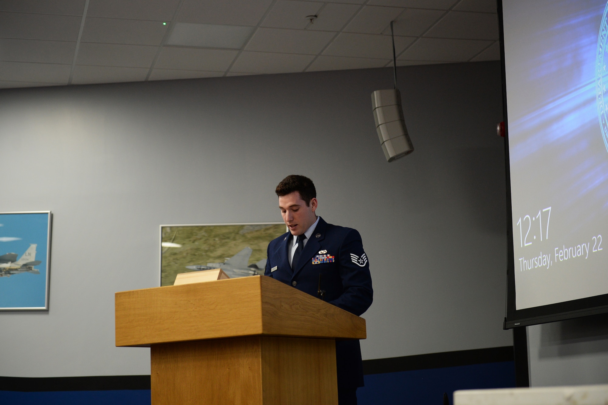 (courtesy photo) An Airman playing the role of the victim, takes the stand during a mock trial at the Strike Eagle Complex at Royal Air Force Lakenheath, England, Feb. 22, 2018. The Airman delivered statements of the damaging psychological effects he suffered as a result of being violated. (U.S. Air Force photo/Airman 1st Class Shanice Williams-Jones)