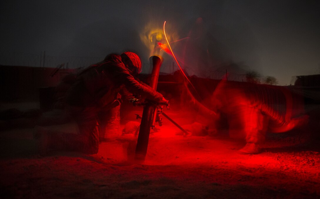 U.S. Army Soldiers with Alpha Company, 2-501st Parachute Infantry Regiment, fire an 81mm mortar in support of the Afghan National Army during operation Maiwand 10 in Helmand Province, Afghanistan, Dec. 26, 2017. The Soldiers fired multiple illumination rounds in order to light a nearby area of Marjah where the ANA experienced a nighttime ambush. (U.S. Marine Corps photo by Sgt. Justin T. Updegraff)