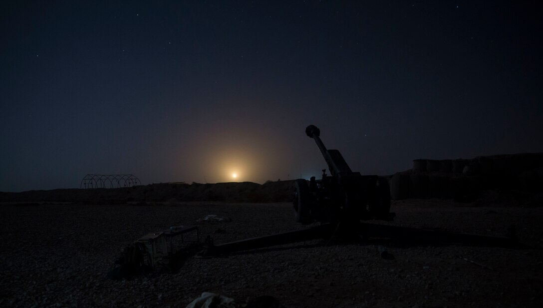 An illumination round lights up the night sky after a successful fire mission from the Afghan National Army artillerymen with 1st Brigade, 215th Corps during operation Maiwand 10 in Helmand Province, Afghanistan, Dec. 27, 2017. The artillerymen with 1st Brigade fired an illumination round near a bed-down site to raise the morale of the Afghan National Army Soldiers, showcasing that they can provide artillery support at any time during the operation. (U.S. Marine Corps photo by Sgt. Justin T. Updegraff)