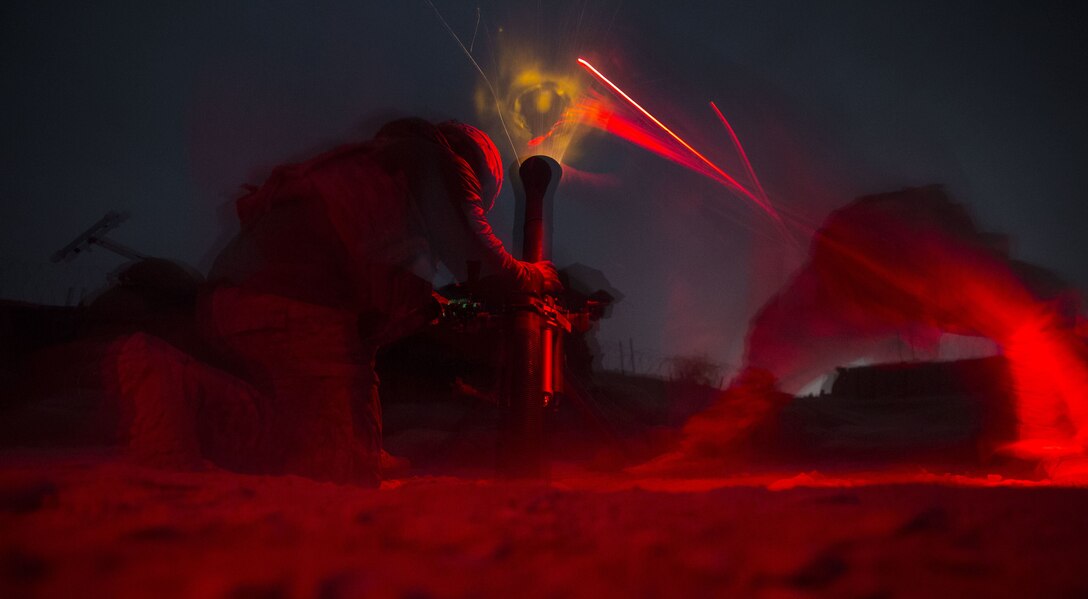 U.S. Army Soldiers with Alpha Company, 2-501st Parachute Infantry Regiment, fire an 81mm mortar in support of the Afghan National Army during operation Maiwand 10 in Helmand Province, Afghanistan, Dec. 26, 2017. The Soldiers fired multiple illumination rounds in order to light a nearby area of Marjah where the ANA experienced a nighttime ambush. (U.S. Marine Corps photo by Sgt. Justin T. Updegraff)