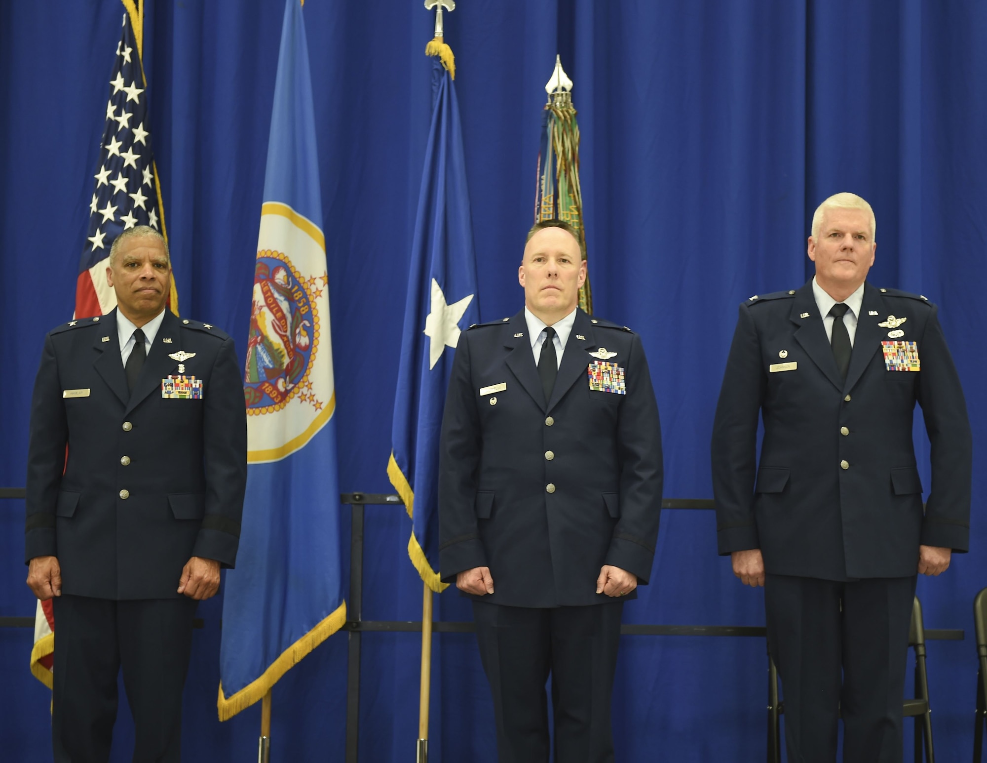U.S. Air Force Col. Daniel Gabrielli, right, receives command of the 133rd Airlift Wing from Brig. Gen. David Hamlar, Assistant General Air National Guard, in St. Paul, Minn., Apr. 16, 2016.