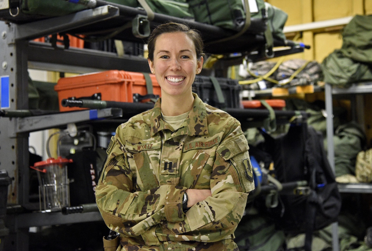 Capt. Asha Wyatt, 455th Expeditionary Aeromedical Evacuation Squadron aeromedical evacuation operations officer and flight nurse, poses for a photo Dec. 28, 2017 at Bagram Airfield, Afghanistan.