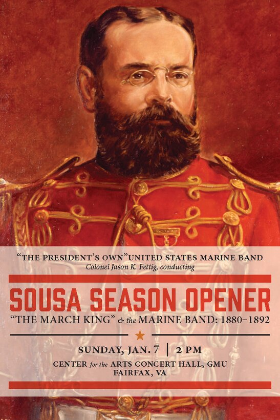 John Philip Sousa first served in the Marine Band as an apprentice musician from ages 13-20. Following his enlistment, he worked as a conductor and composer in Philadelphia until 1880, when at the age of only 25 he was called back by the Commandant of the Marine Corps to serve as the United States
Marine Band’s 17th Director. During the next 12 years, Sousa embarked on a musical odyssey that simultaneously transformed “The President’s Own” from a local military band into a world-renowned musical organization and transformed himself
into a national celebrity and “The March King.” This concert traces Sousa’s career as Marine Band Director and highlights some of the music and events that shaped his famous tenure. Much of the music featured on this program came from Sousa’s pen during his years as Director, and all was performed with the band during his time on the podium of “The President’s Own.” The concert is free, and no tickets are required.