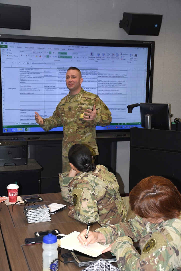 1st Sgt. Brian Filipowski, of the Houston Medical Recruiting Company, leads a training session during the 5th Medical Recruiting Battalion’s 2017 Annual Training Conference held Dec. 12-14 at Joint Base San Antonio-Fort Sam Houston.